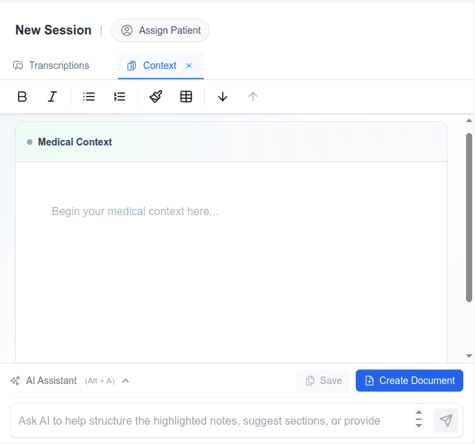 Transcribe Health session editor showing medical context notes and AI assistant